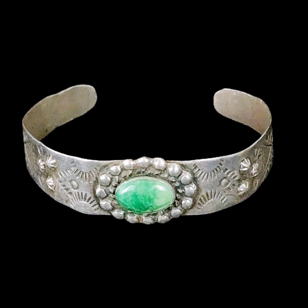 Vintage Sterling Silver Fred Harvey Era Green Turquoise Cuff Bracelet 12.7 Grams